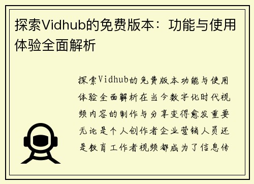 探索Vidhub的免费版本：功能与使用体验全面解析